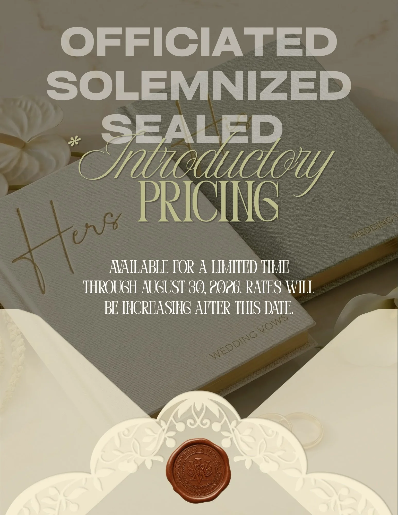 Introductory wedding officiant pricing available through August 30, 2026