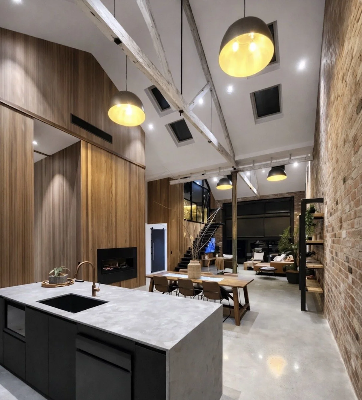 Modern open-concept living space with a kitchen featuring a marble island, wooden walls, and black fixtures; a dining table with chairs; and a cozy seating area with sofa and plants, illuminated by pendant lights and ambient lighting in a loft-style 