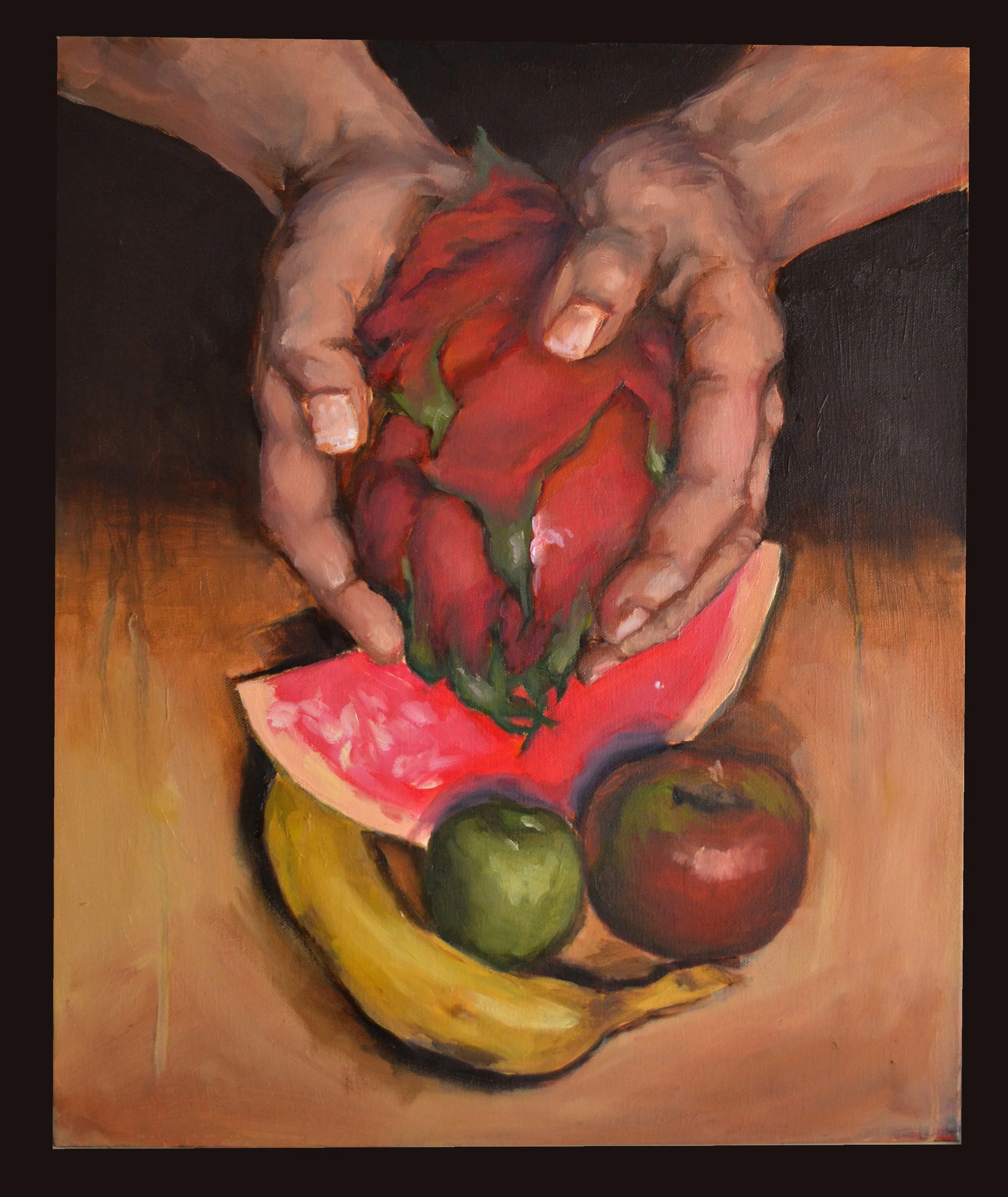 "Hands with Dragonfruit""Oil on canvas. 16" x 20". 2024.