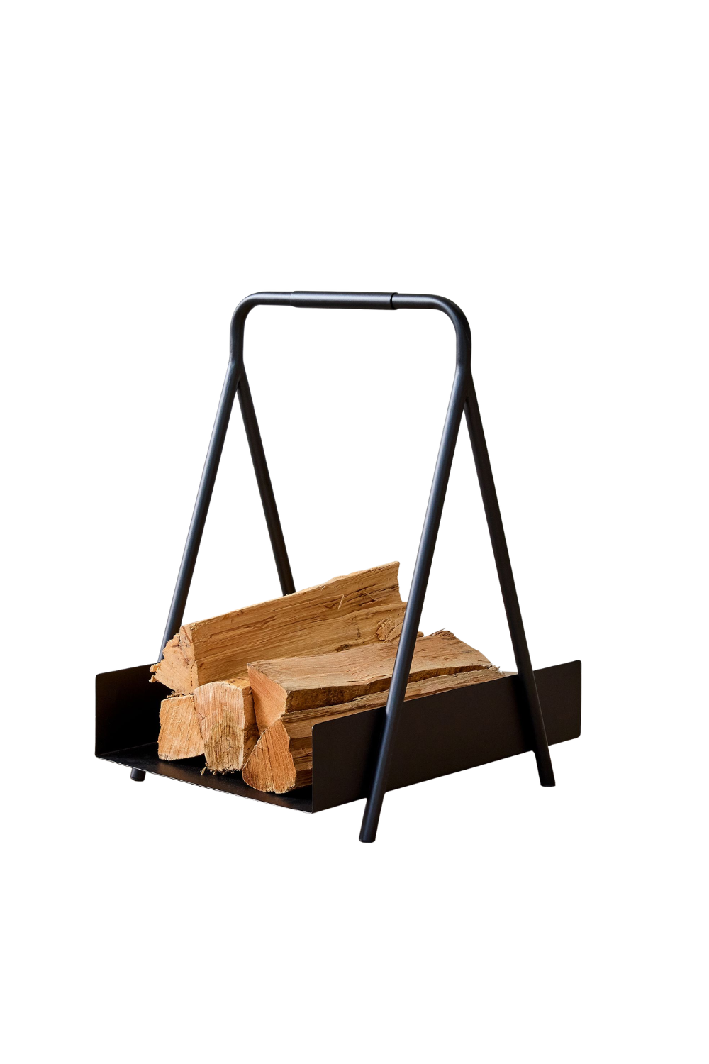 Firewood in a black metal log holder with a handle, isolated on white background.