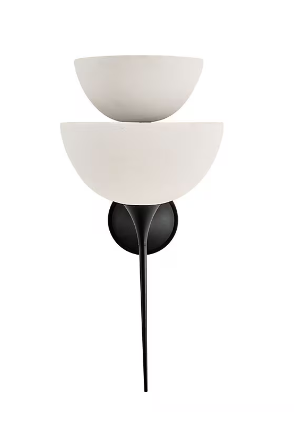 Modern black and white wall sconce with two semicircular shades and a black base and arm.
