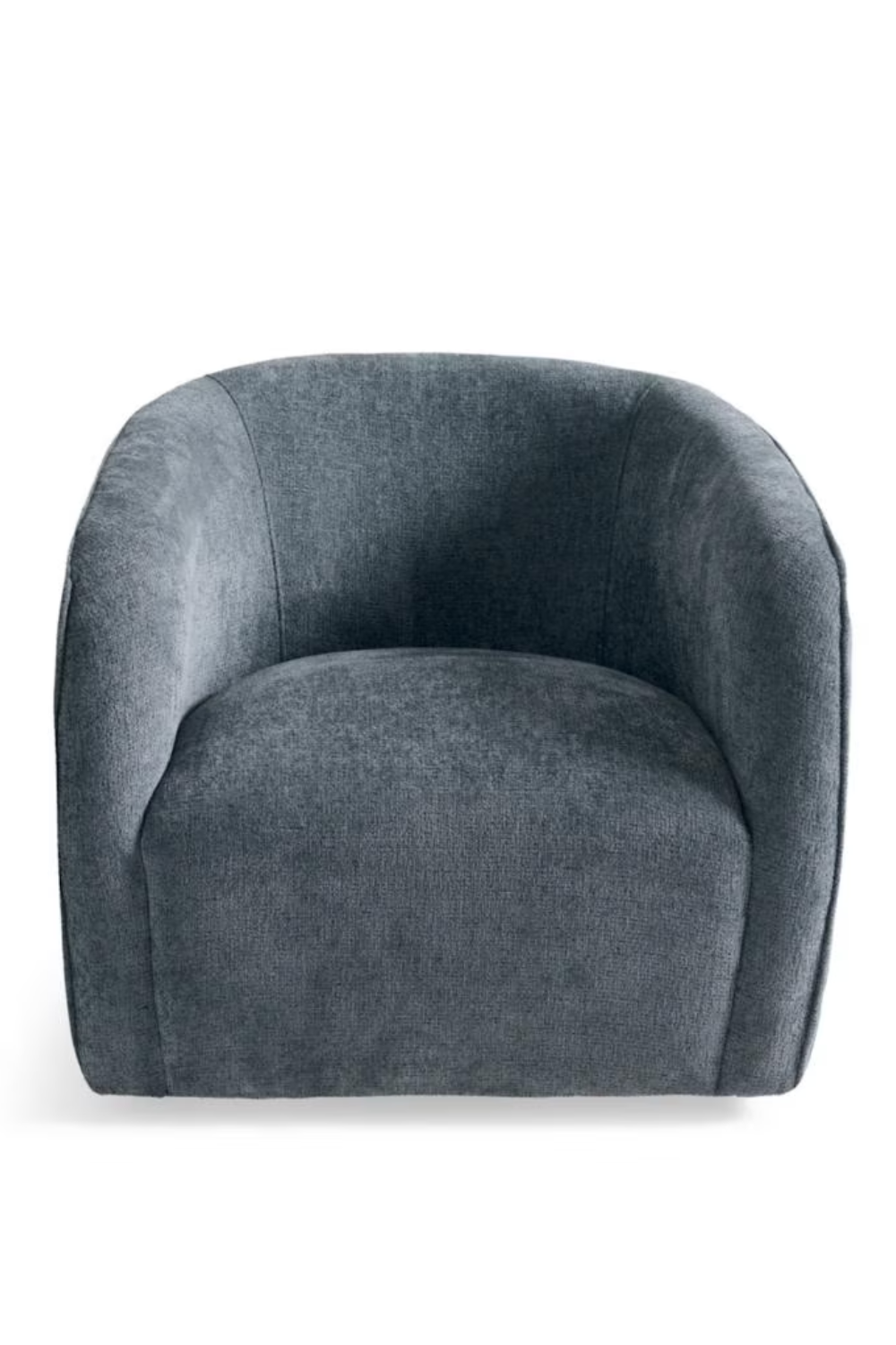 A dark gray upholstered armchair with a rounded back and armrests, set against a white background.