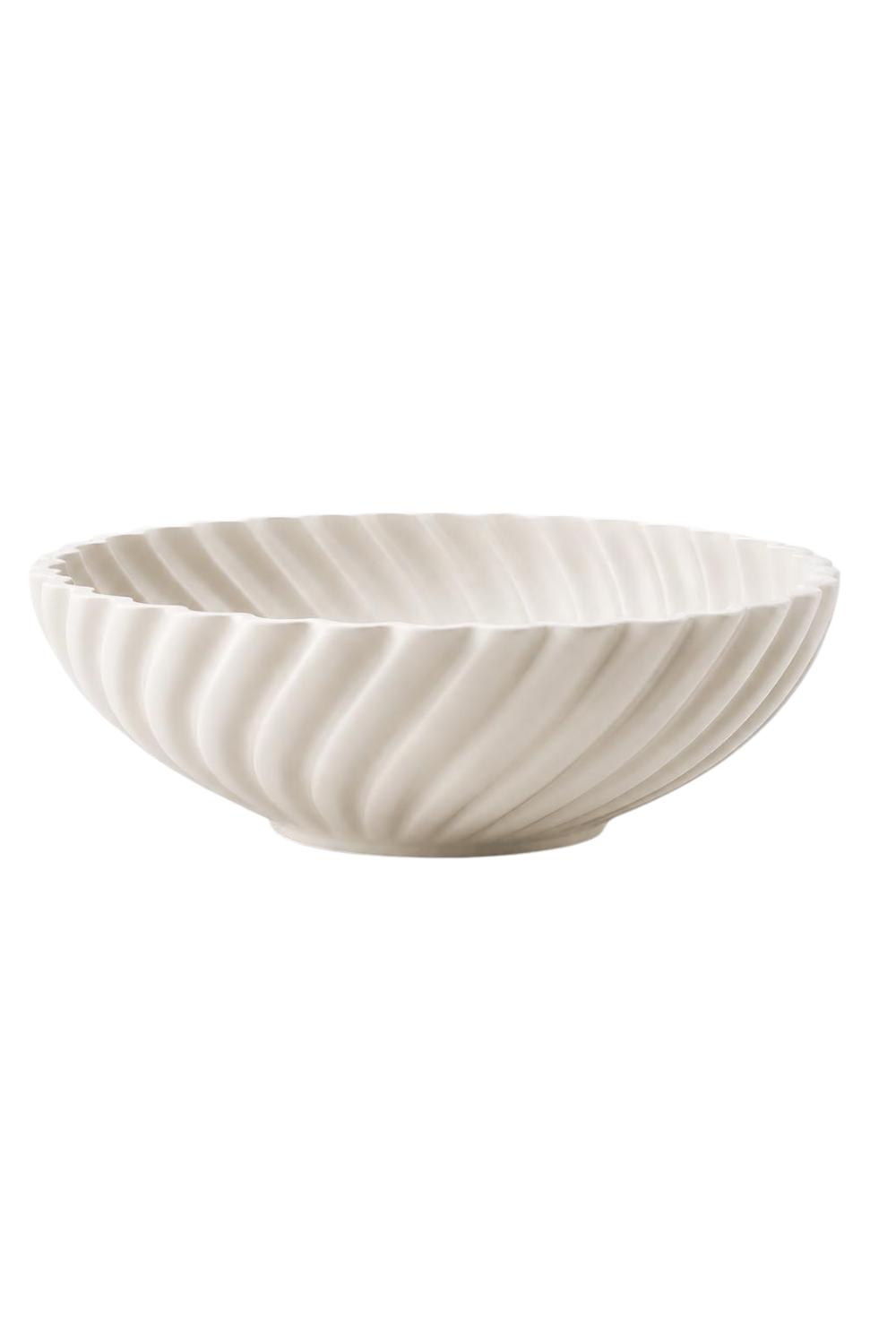 White ceramic bowl with spiral ridges, empty, on a white background.