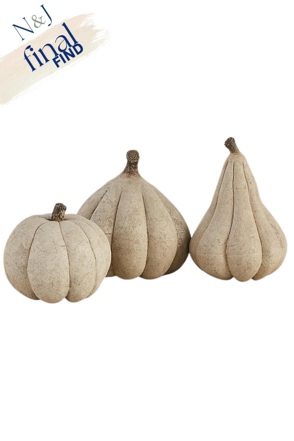 Three beige decorative pumpkins with textured surfaces and short stems, arranged in a row against a plain white background.