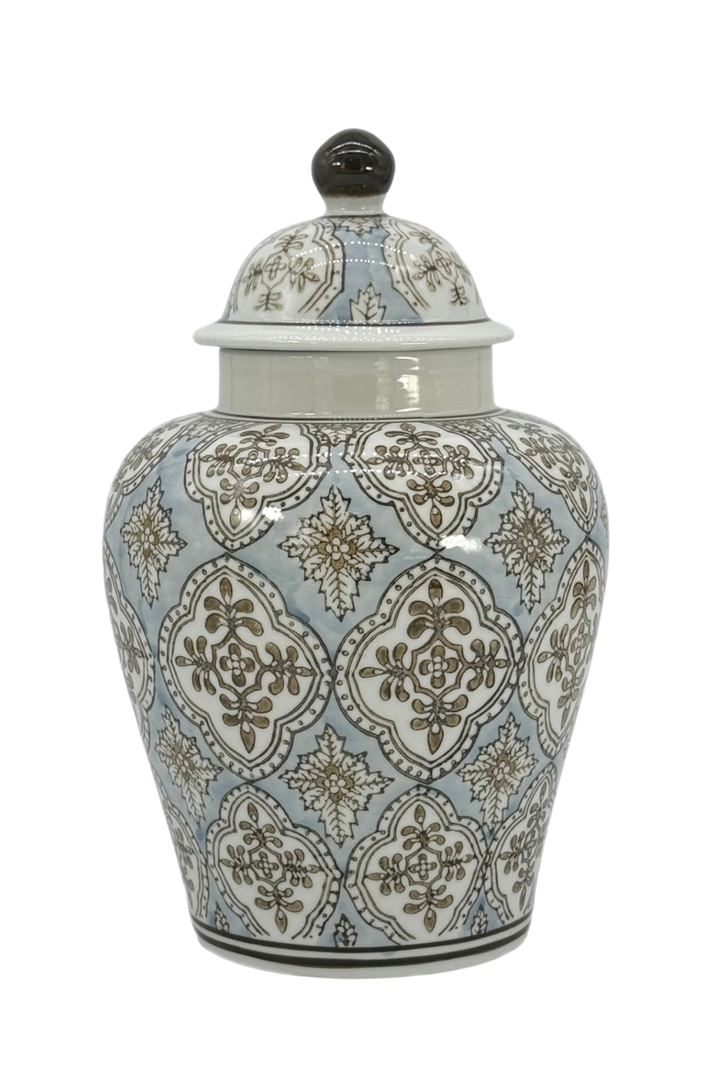 Decorative ceramic jar with a lid, featuring intricate gold and black patterns on a white and light blue background.