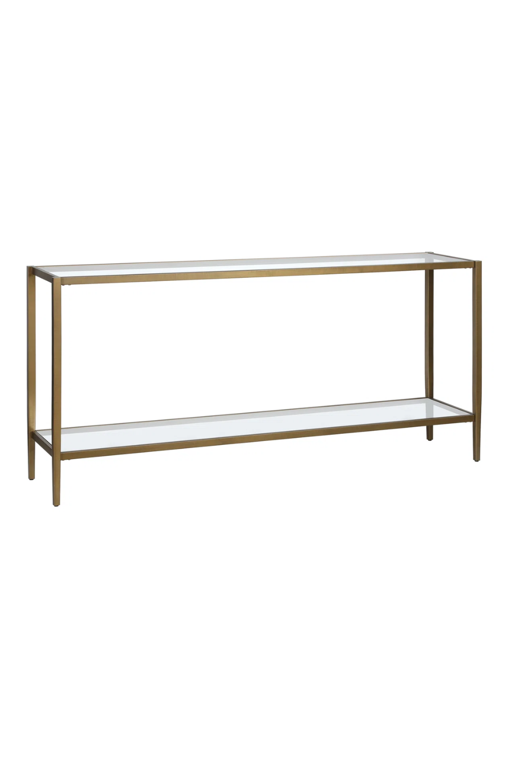 A modern console table with a metal frame, glass top, and glass lower shelf.