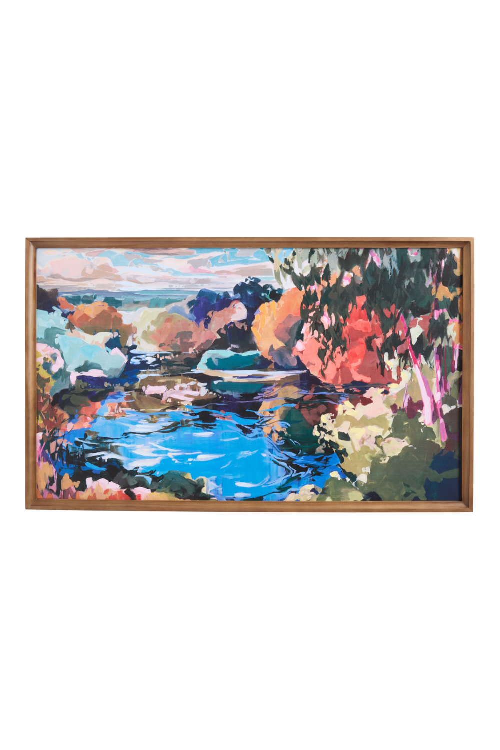 Colorful landscape painting of a river flowing through a vibrant natural setting with trees and bushes, framed in wood.