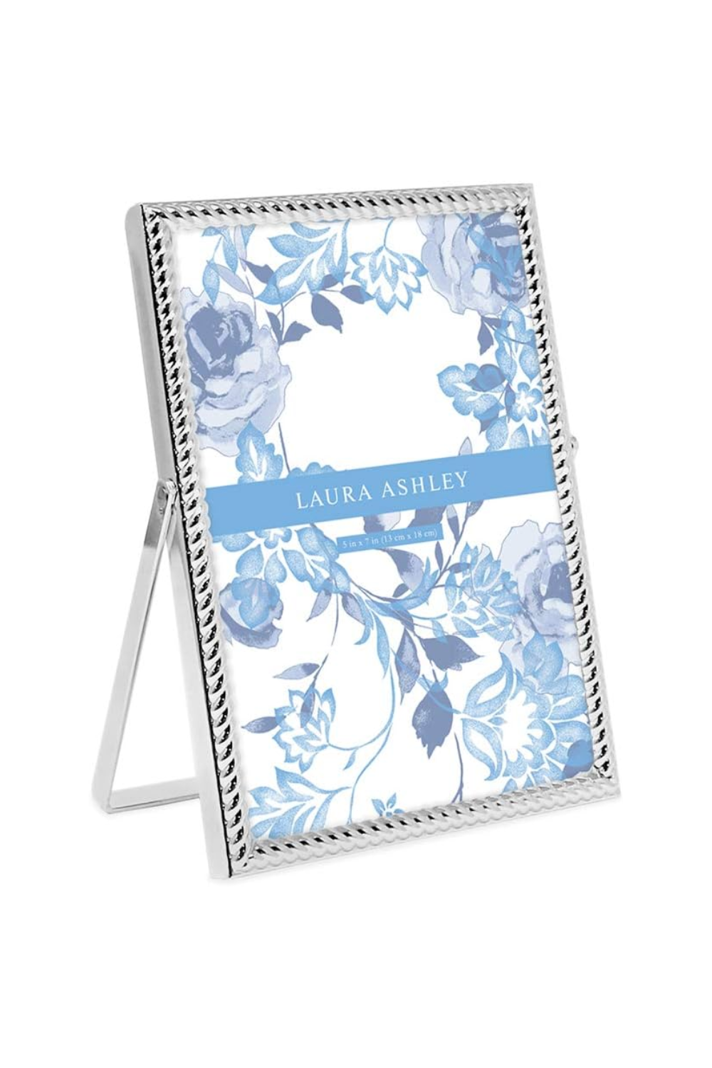 Silver photo frame with floral design, displaying a placeholder with text "Laura Ashley" and size information.