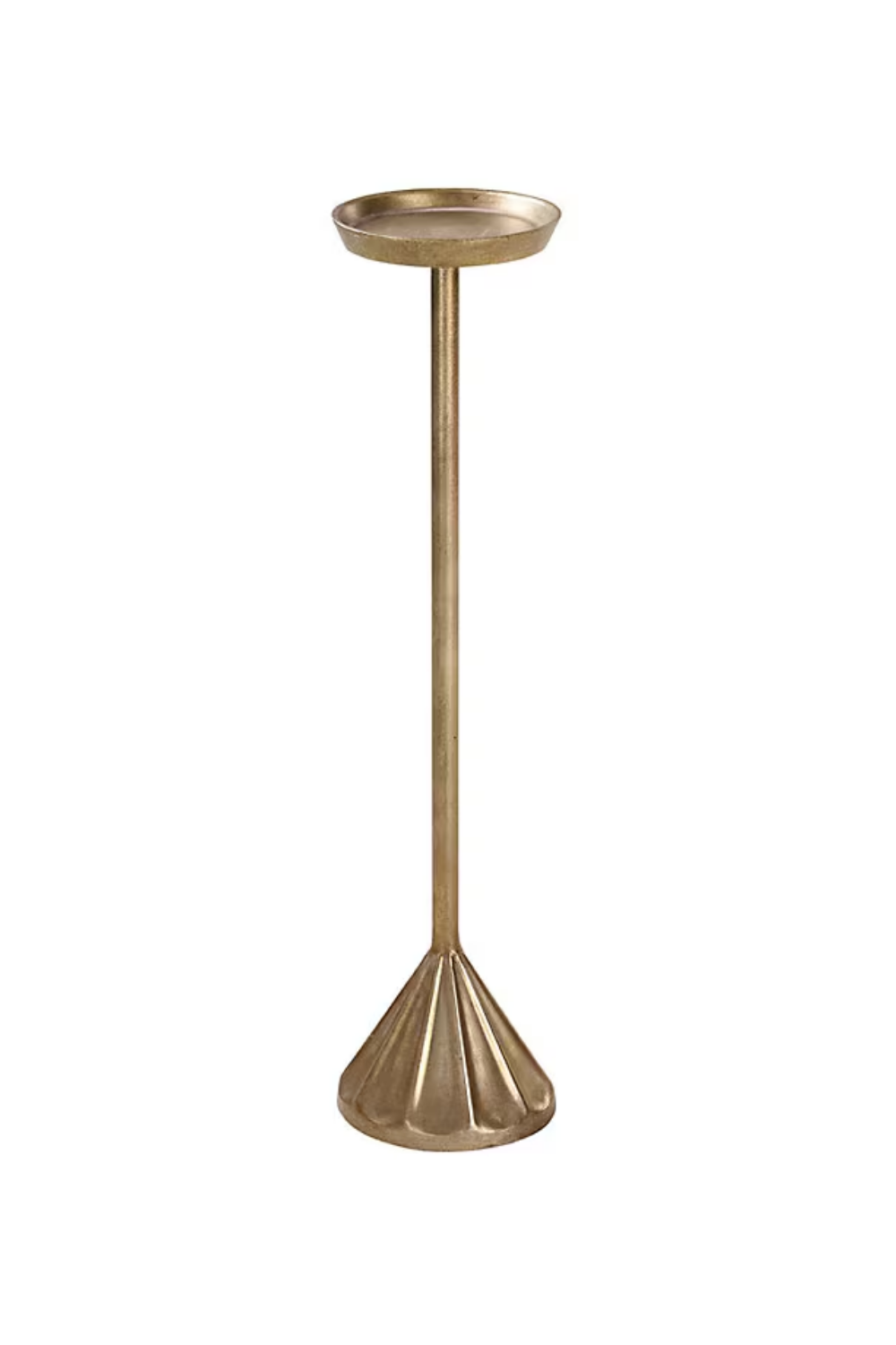 A tall, gold-colored stand with a round, shallow dish at the top and a flared, conical base.