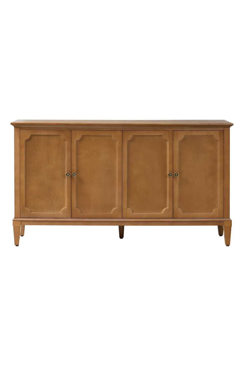 A wooden sideboard or credenza with four paneled doors and small round knobs, standing on four tapered legs.