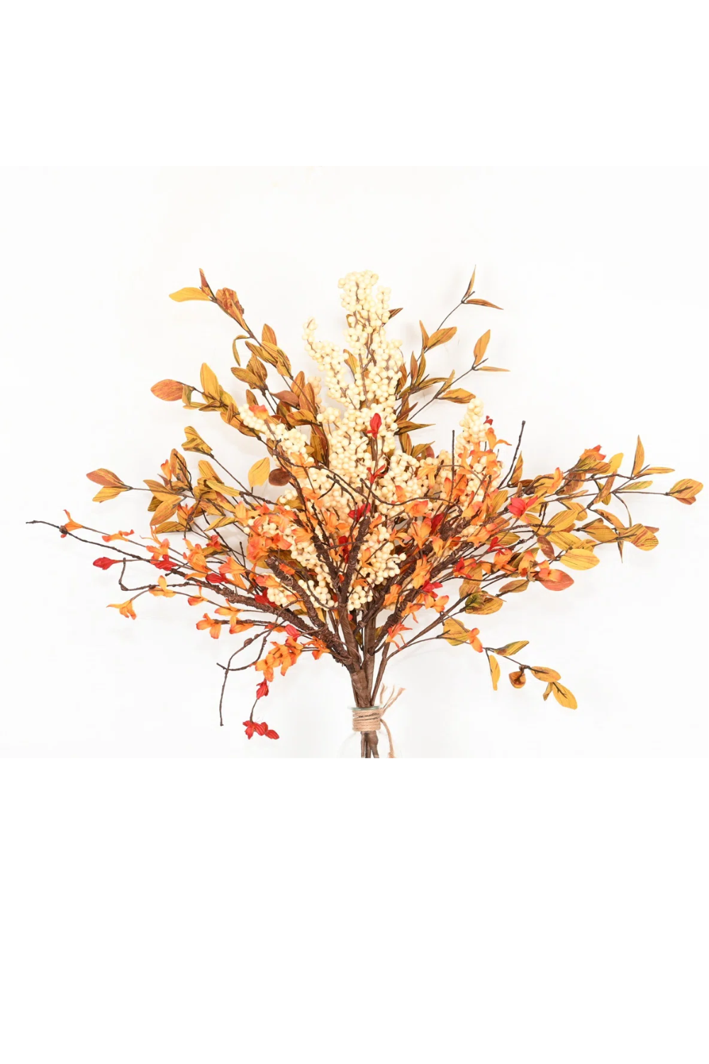Artificial autumn floral bouquet with brown, orange, yellow leaves and white berries arranged in a clear glass jar.