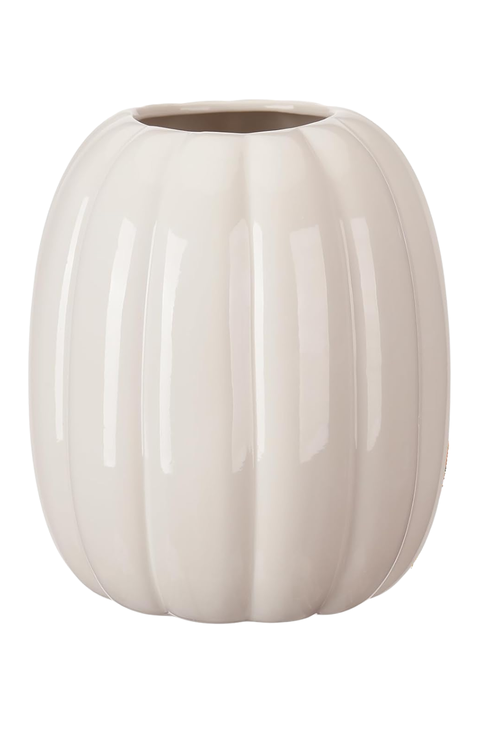 A white, ribbed ceramic vase with an open top.
