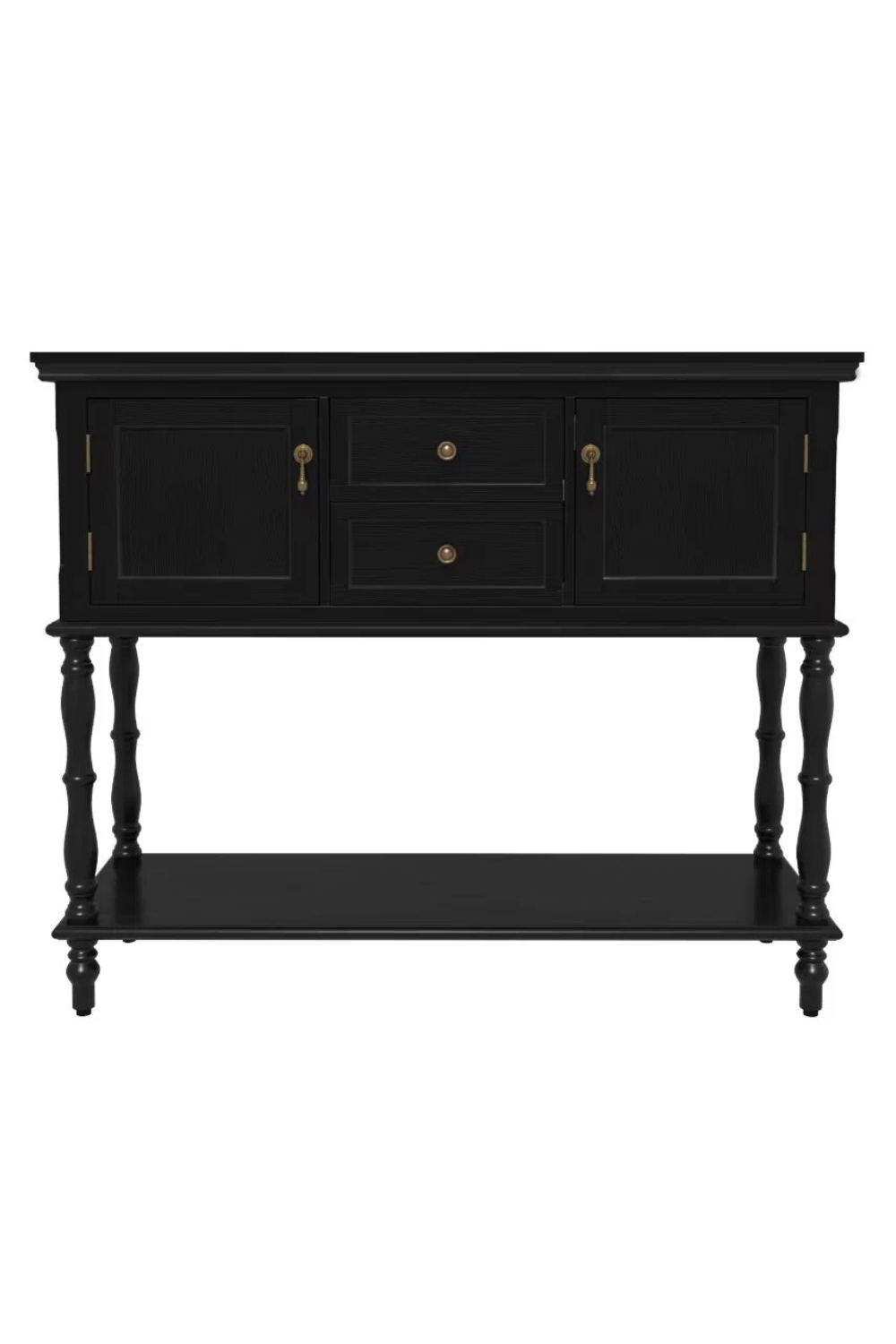 A black wooden sideboard with four turned legs, two doors, three drawers, and a bottom shelf.