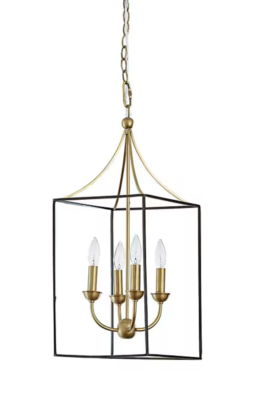 A modern chandelier with a rectangular black metal frame, four candle-style lights, and a gold chain suspension.