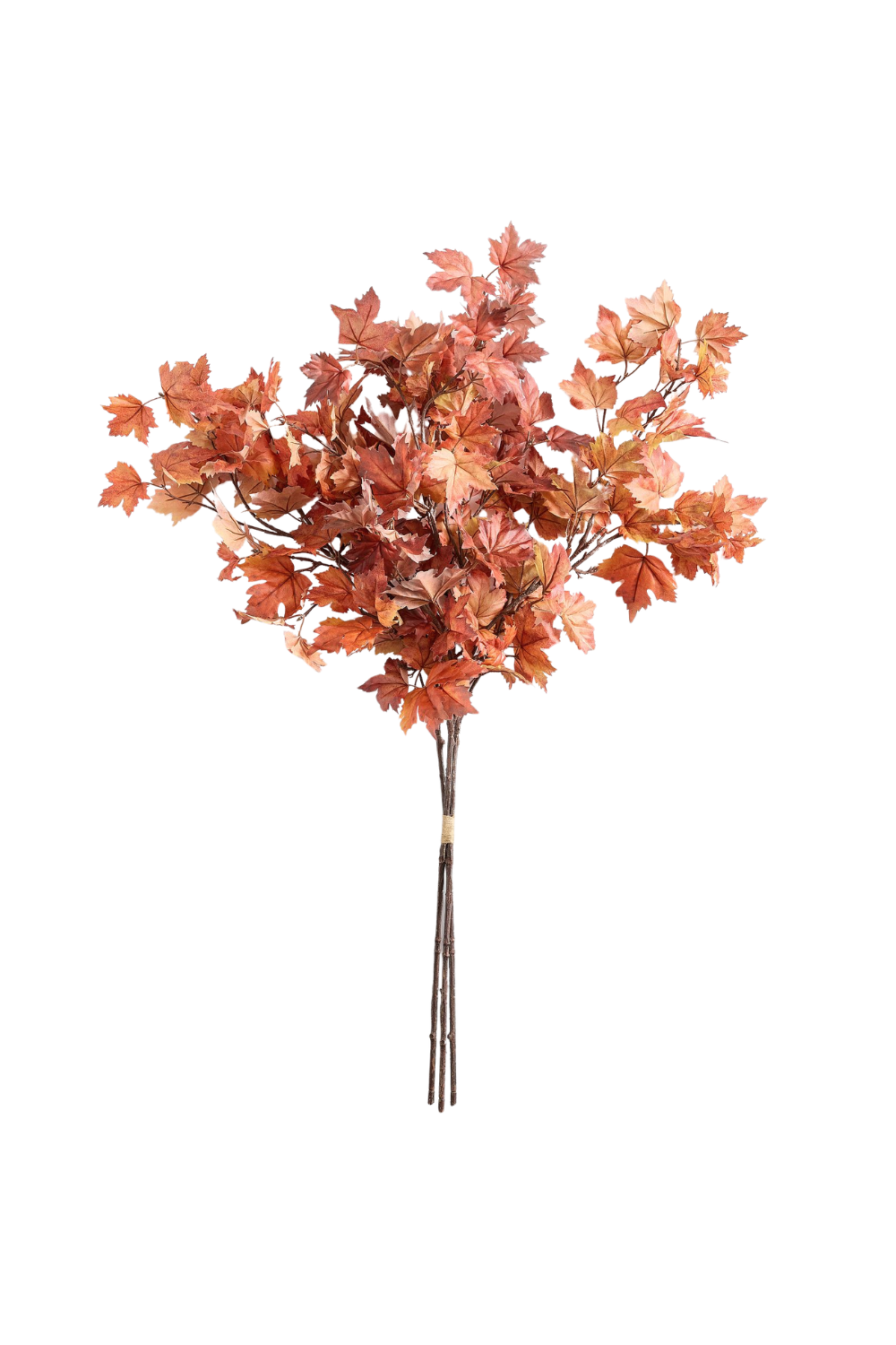 Artificial autumn maple leaf branch with multiple orange and brown leaves on a white background.