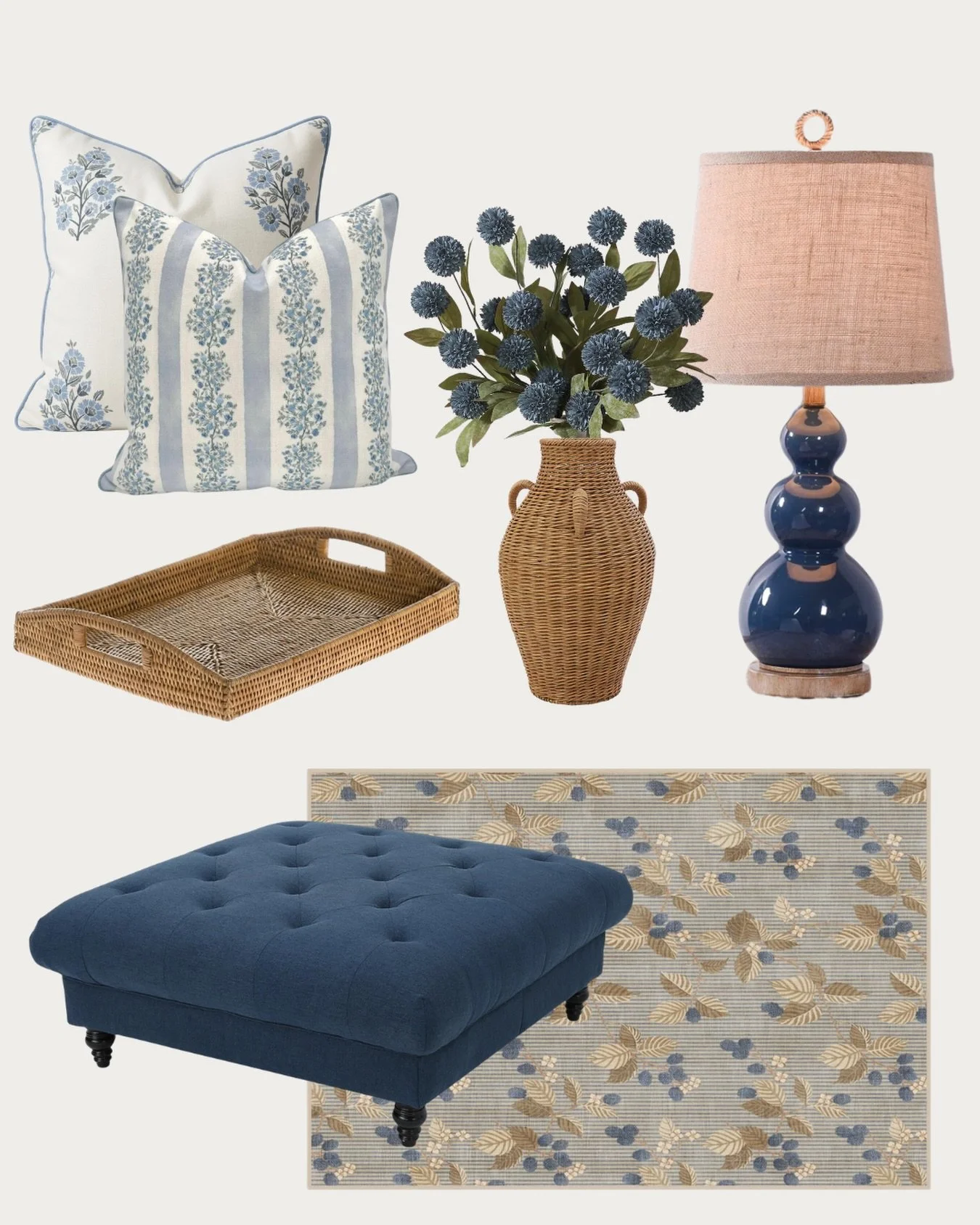 A little preview of what&rsquo;s coming next at Navy &amp; Juniper. 💙

I&rsquo;ve been sourcing for the Living Room Collection, and these are a few of the pieces starting to bring it together.

Classic blues, warm wicker, natural textures and patter