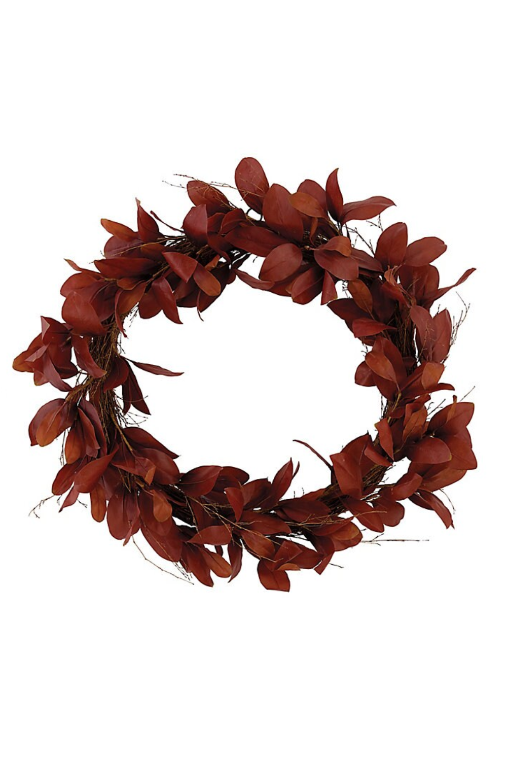 Red wreath made of artificial leaves.