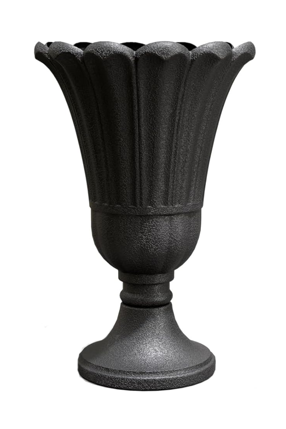 Black, textured, vase-shaped decorative object with a wide opening and a pedestal base.