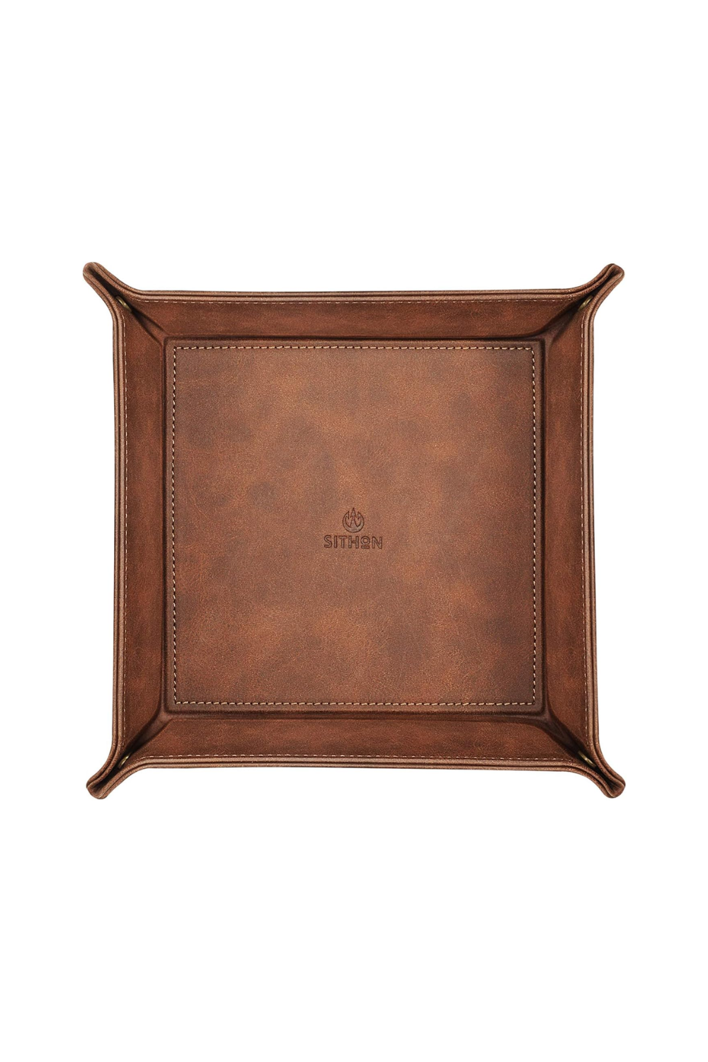 Square leather tray with a branded logo in the center that reads 'SITHON' and a flame icon above the text, with raised edges and reinforced corners.