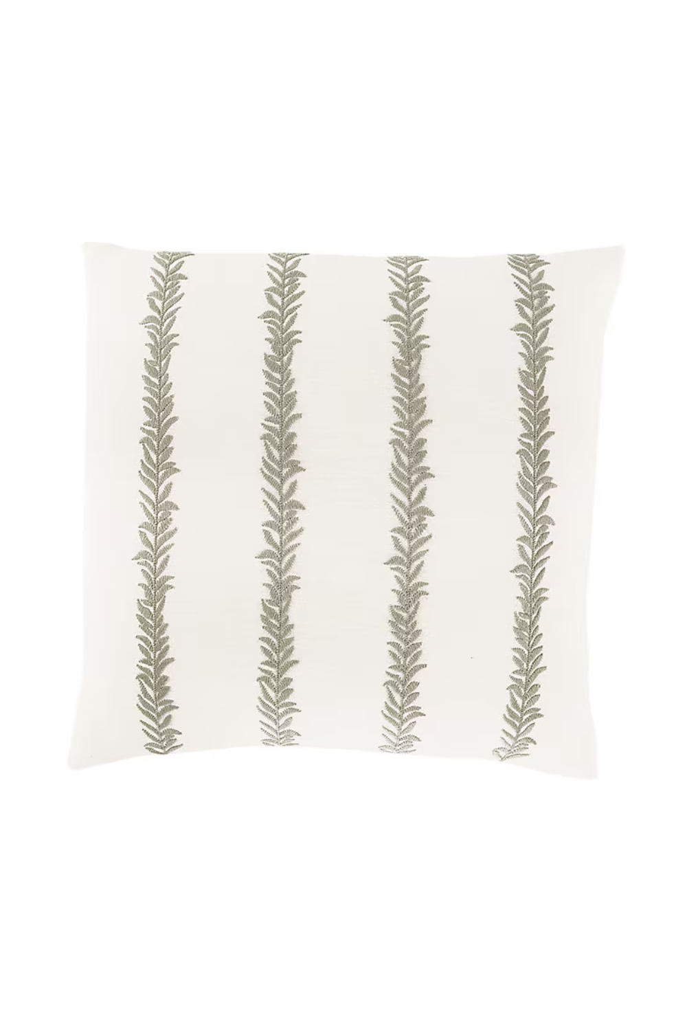 A decorative throw pillow with a white background and vertical gray leafy stripe pattern.