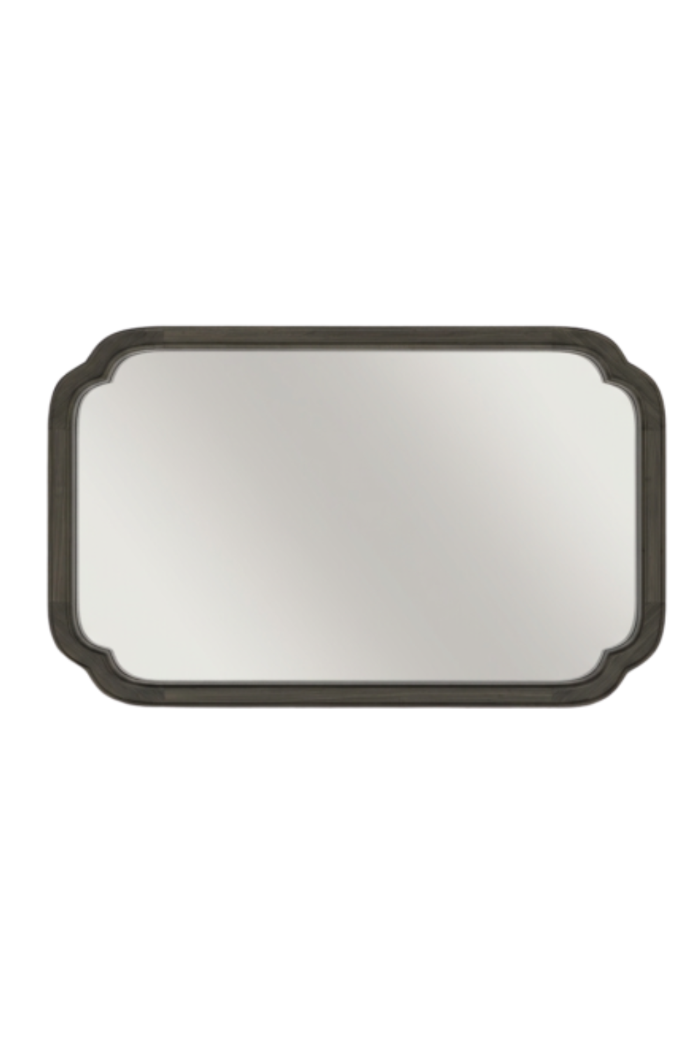 A rectangular mirror with black and grey rounded edges.