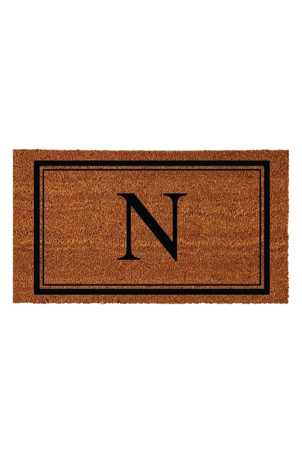 Close-up of a brown rectangular doormat with a black border and the letter 'N' in the center.