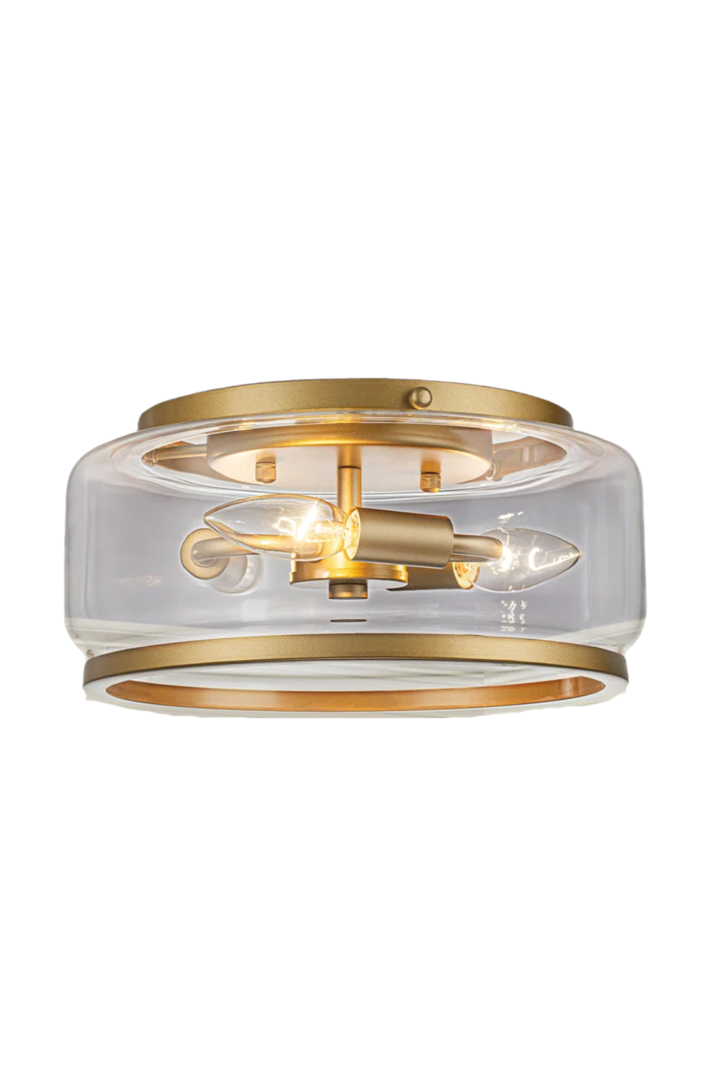 Close-up of a modern ceiling light fixture with a glass and gold finish and exposed light bulbs.