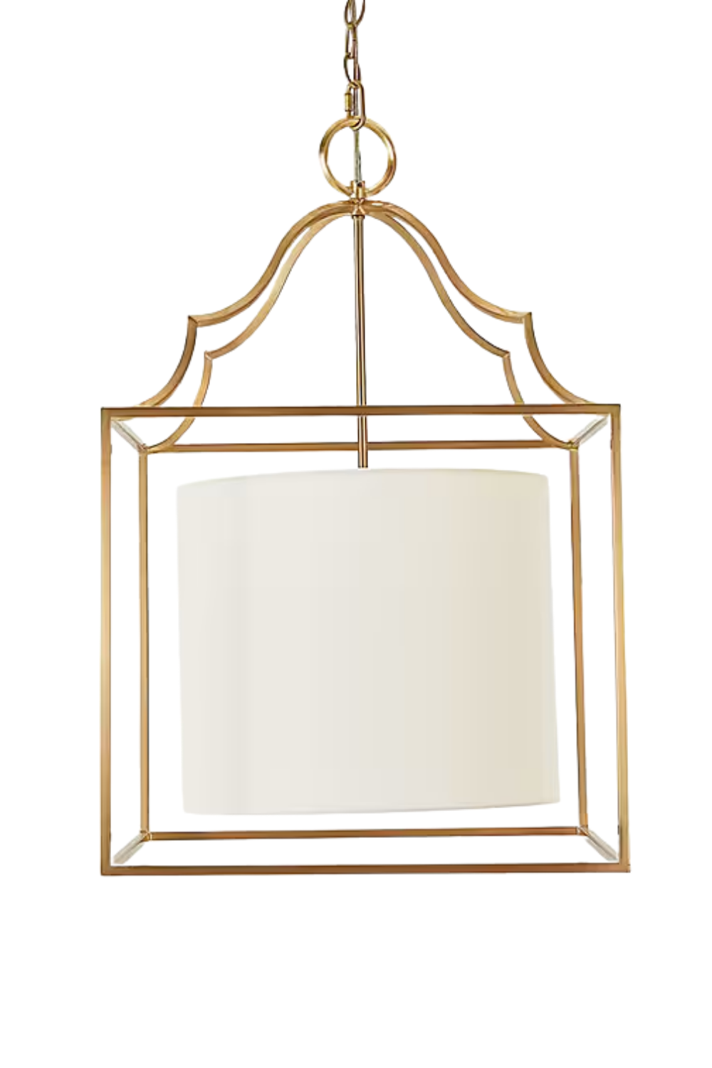 A gold square-shaped hanging chandelier with a white shade, suspended by a chain.