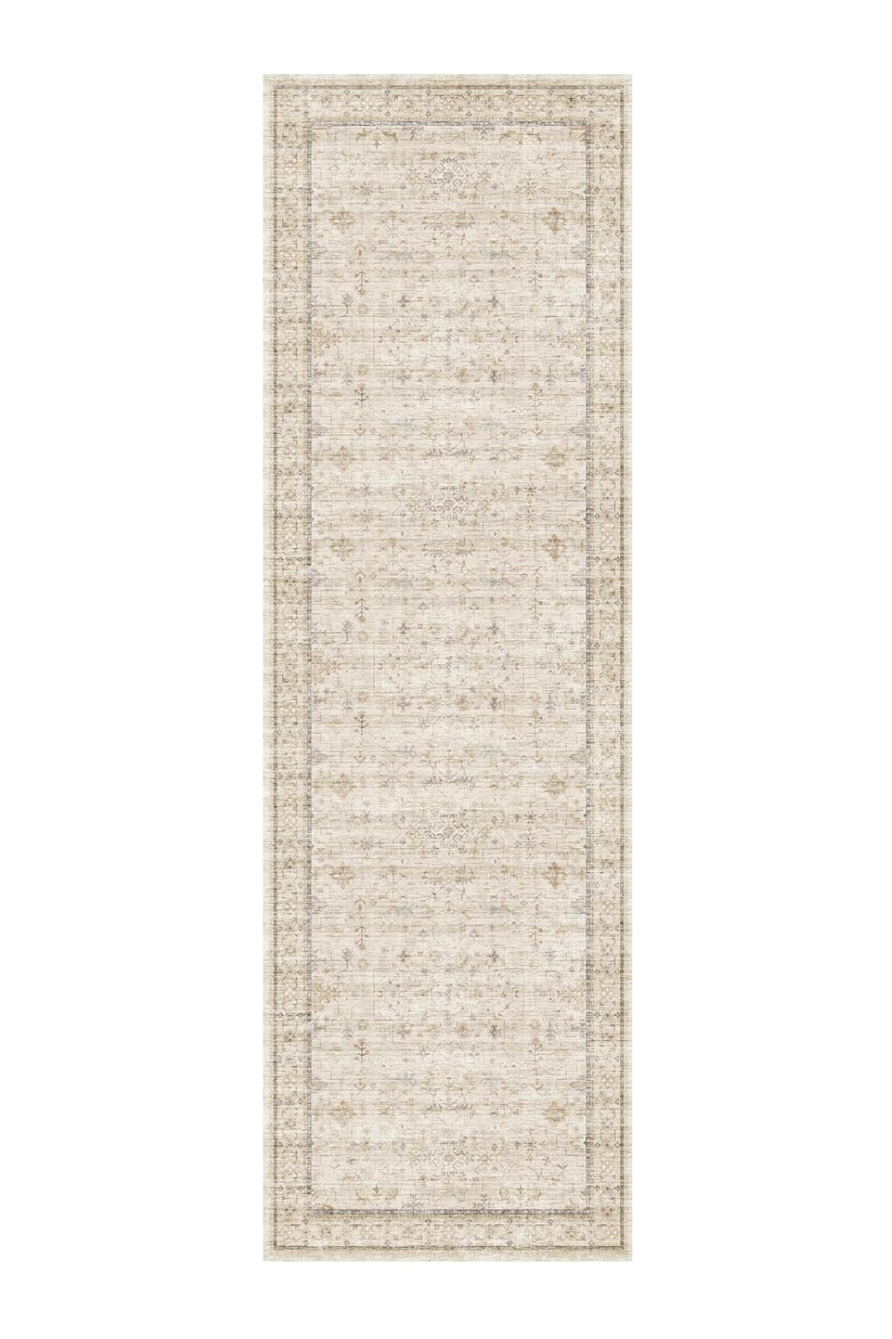 A long rectangular beige and cream-colored area rug with a subtle distressed pattern and a decorative border.