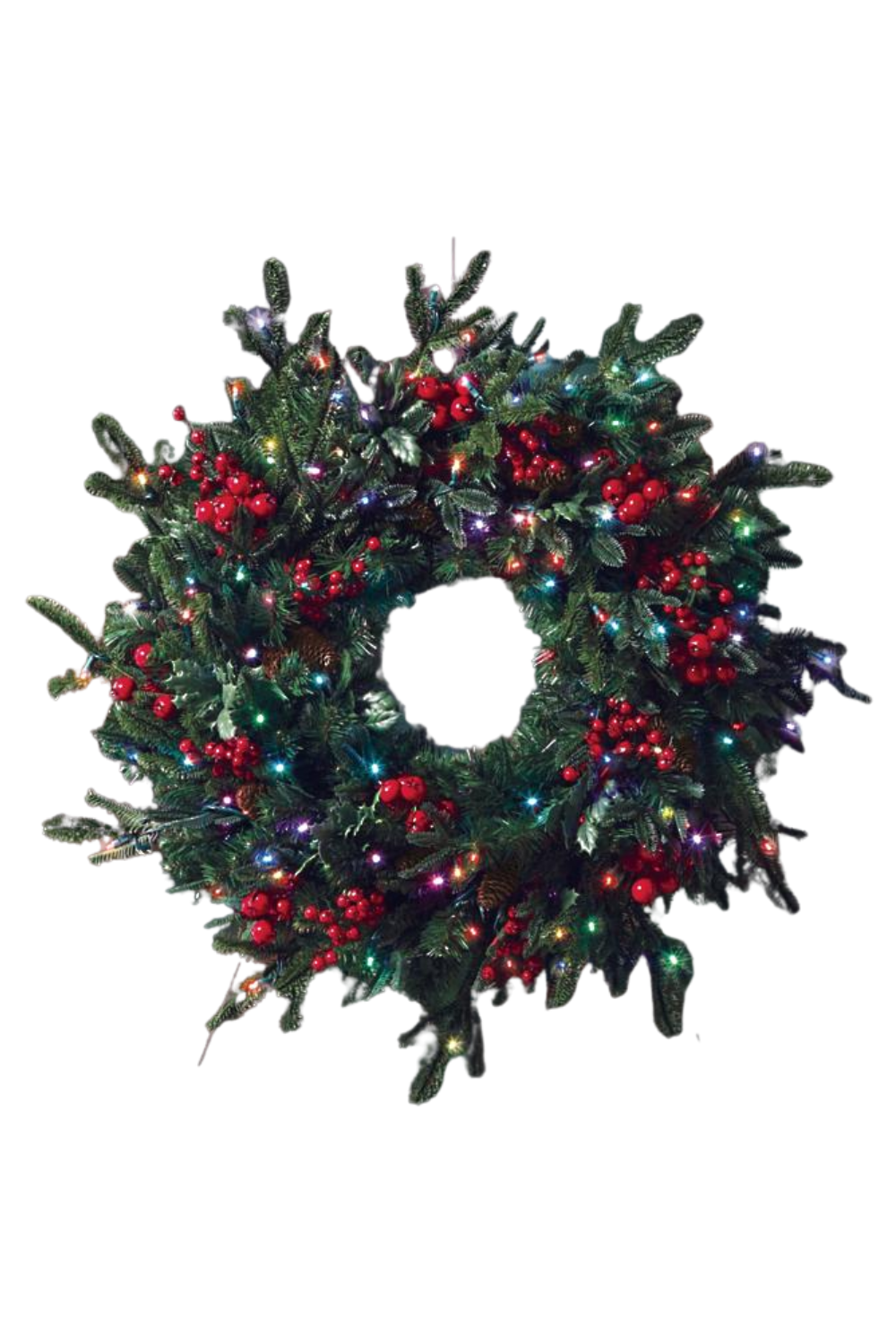 Christmas wreath decorated with red berries, pinecones, and colorful string lights