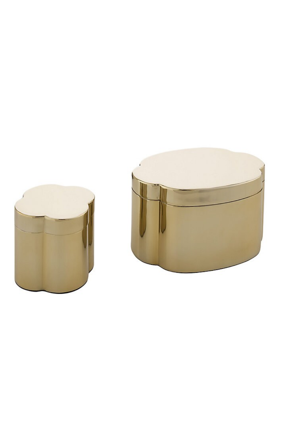 Two gold-colored decorative boxes with a shiny, reflective finish, one smaller and one larger, both with a clover-shaped lid.