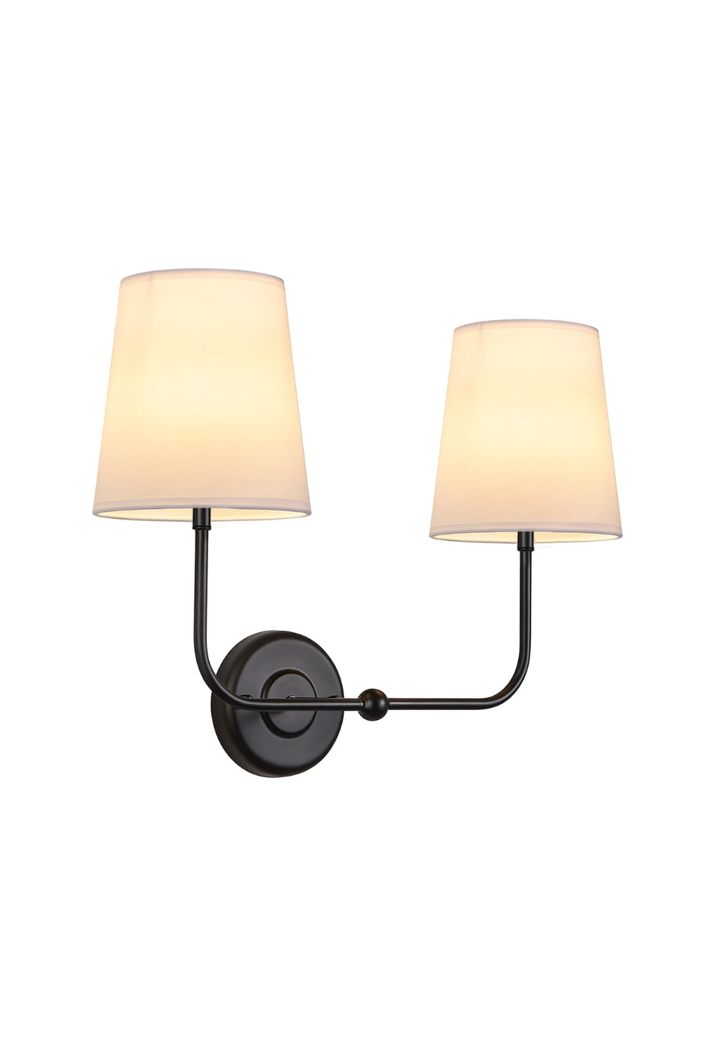 Wall-mounted double-arm sconce with cream lampshades and black metal finish.