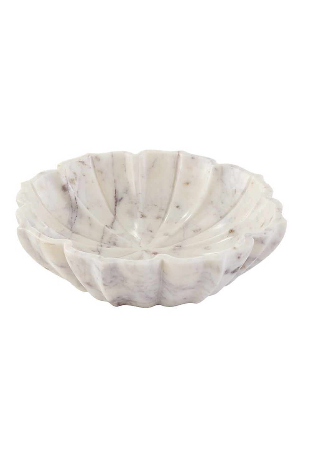 White marble shell-shaped bowl with natural veining, isolated on a white background.