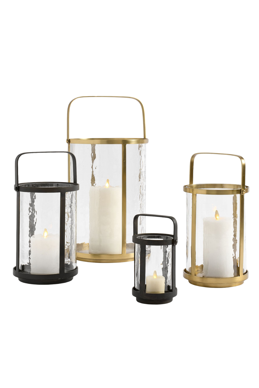 Four lanterns with candles inside, two in black and two in gold, of varying sizes and shapes, with a metallic frame and glass enclosure.