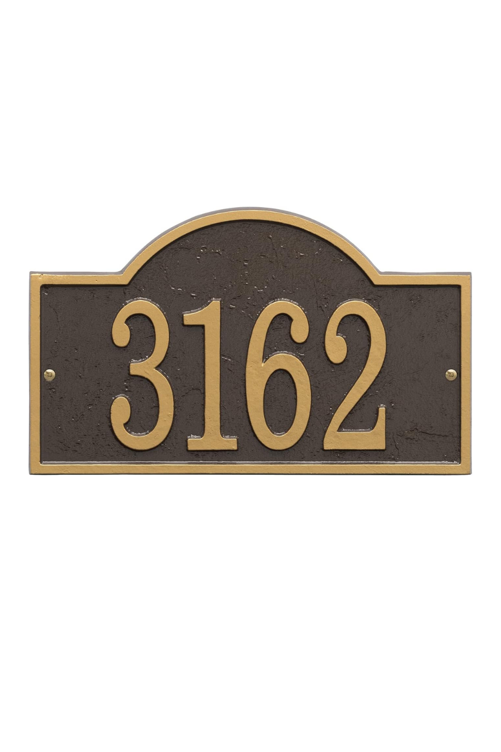 House number plaque with the numbers 3162 in gold on a black background, framed by a gold border with a rounded top.
