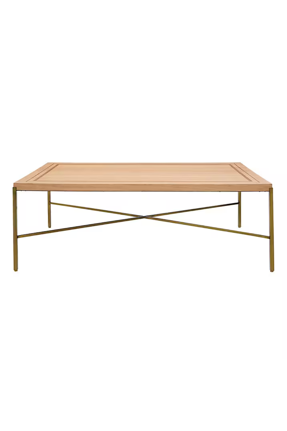 A modern coffee table with a light wood top and gold metal legs and crossbars.