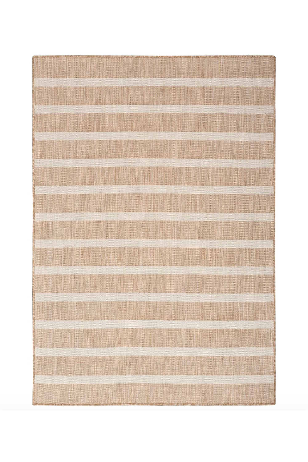 Beige area rug with horizontal white stripes.