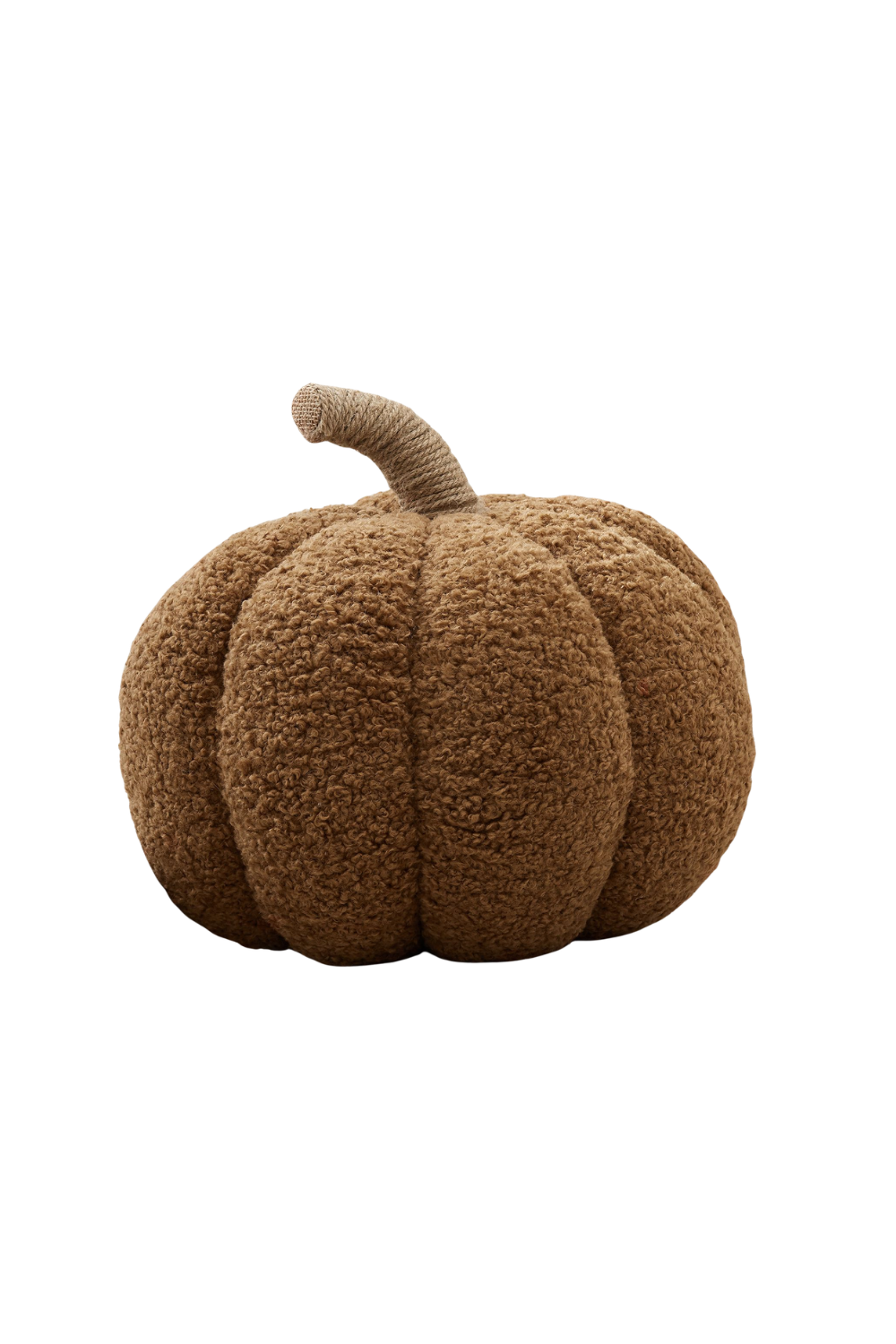 A plush pumpkin toy with a textured orange-brown surface and a curved fabric stem, isolated on a white background.