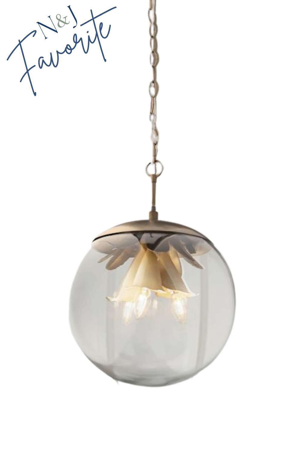 A hanging ceiling lamp with a metallic fixture and glass globe covering a floral-shaped light bulb inside. The glass has a reflective surface and the chain suspends from the ceiling.