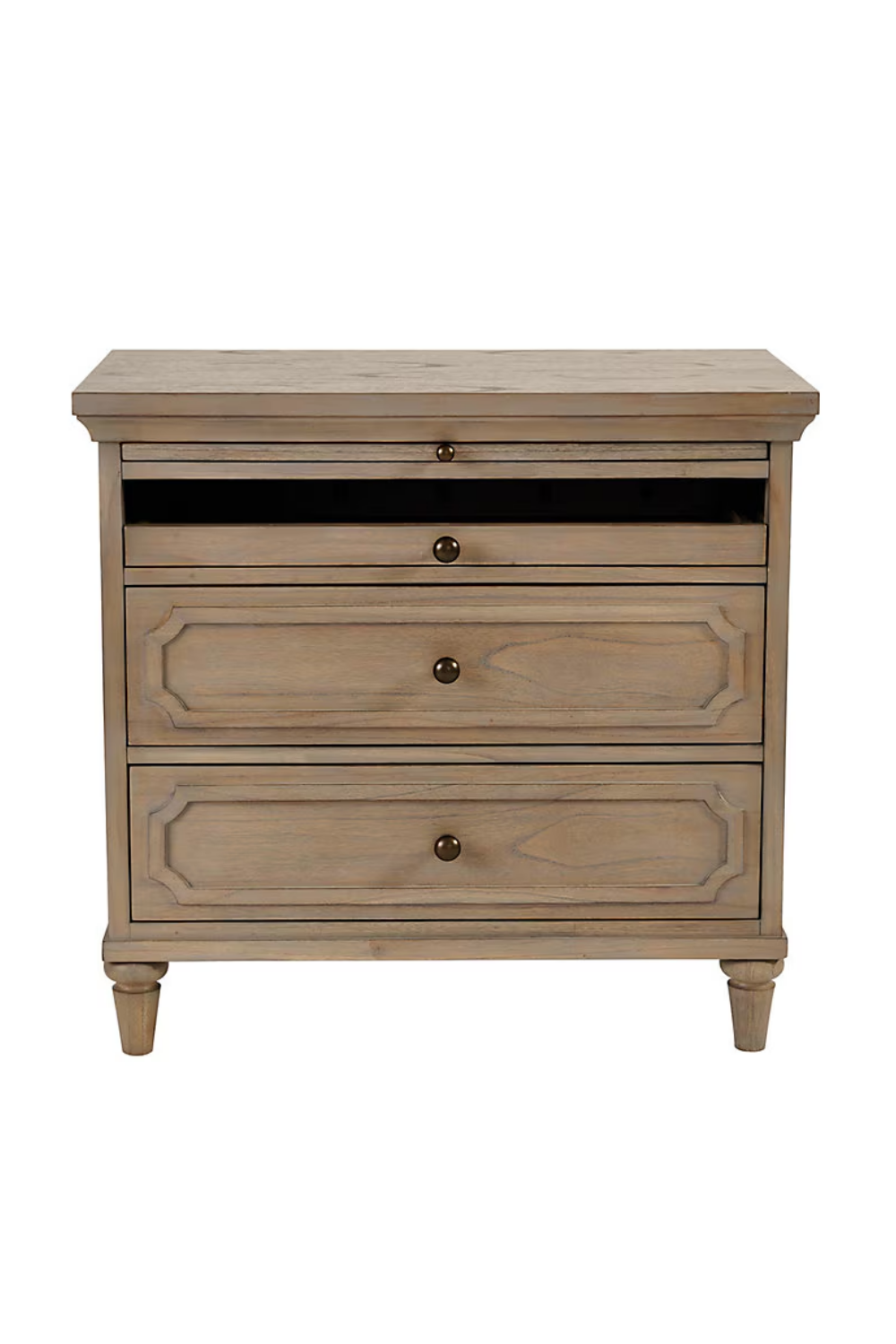 A wooden dresser with three large drawers and two smaller open compartments on top, featuring decorative carved details and round knobs, standing on four short legs.