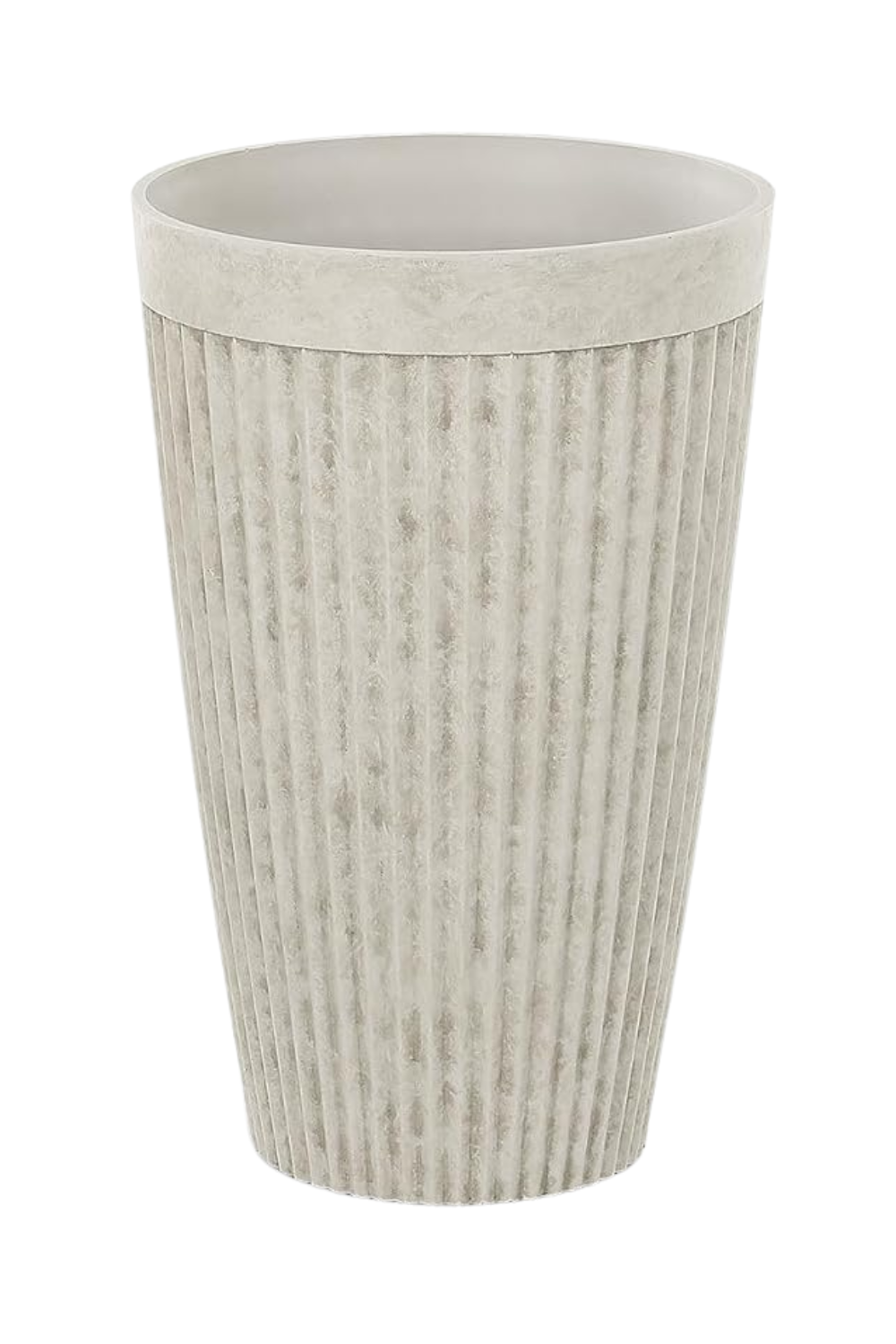 A tall, white, textured ceramic planter with vertical ridges.