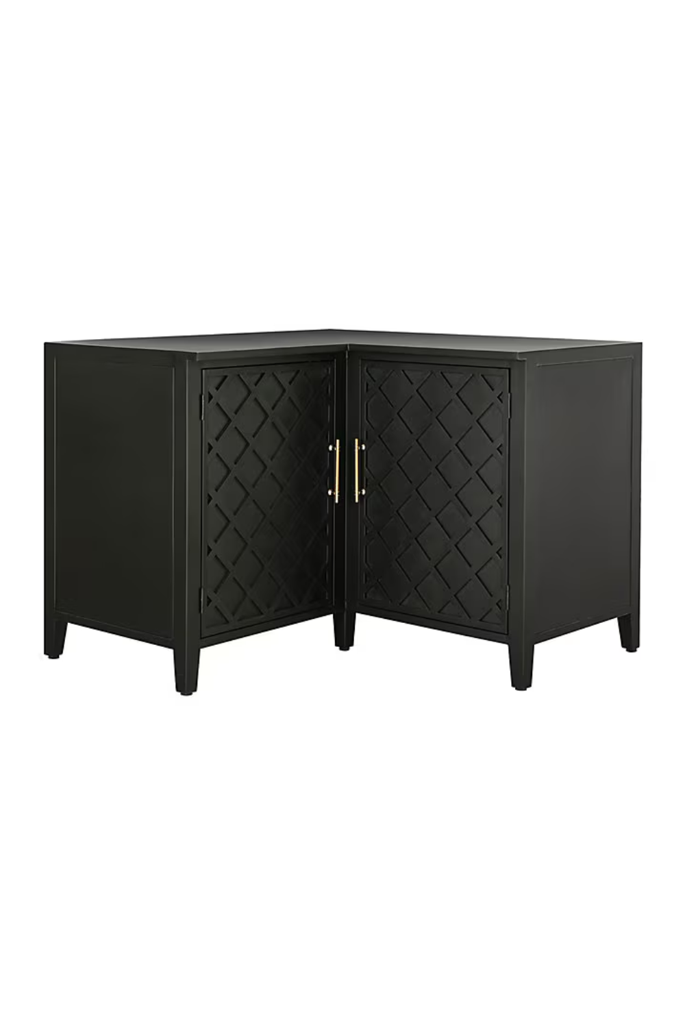 Black corner cabinet with lattice-patterned doors and gold handles.