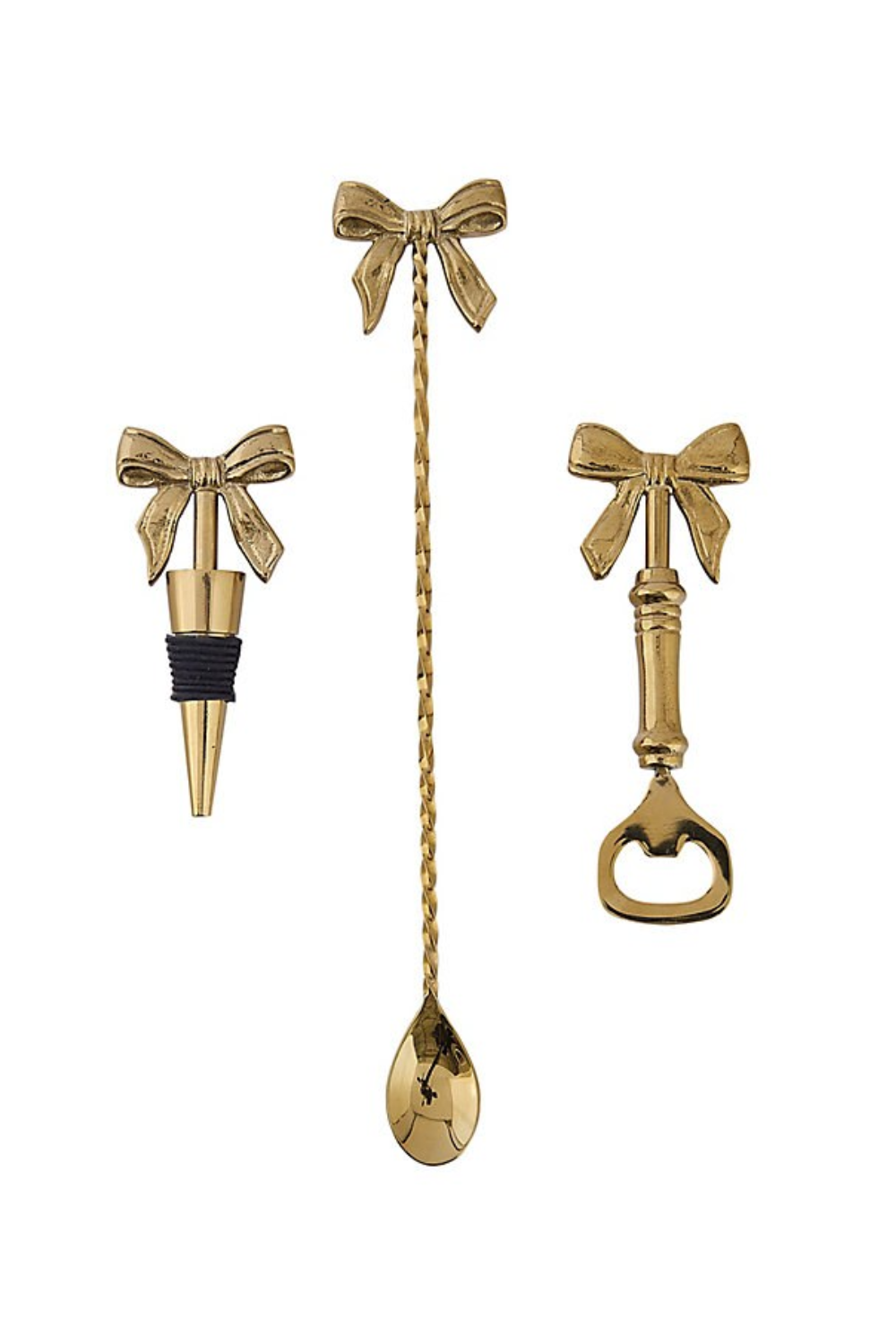 Three gold-colored bar tools with bow-shaped handles, including a bottle opener, a cocktail stirrer, and a corkscrew, arranged vertically.