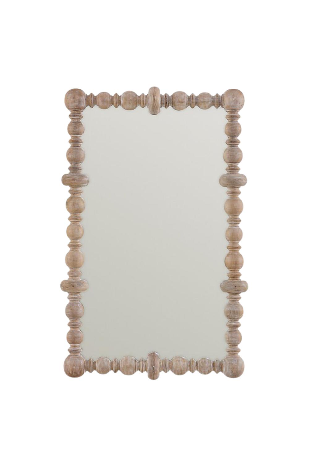 Decorative rectangular mirror with a vintage wooden bead frame against a white background.