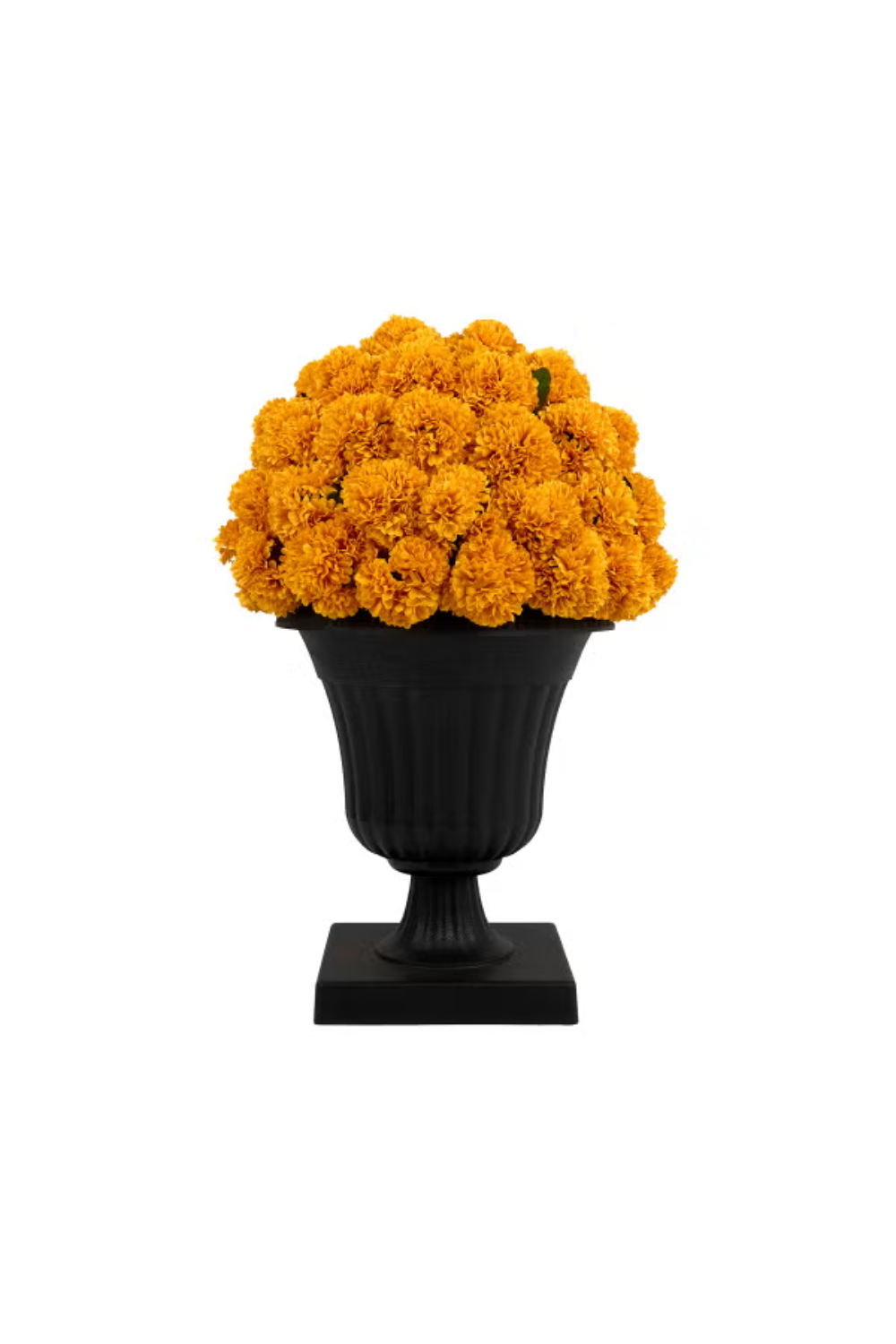 A black vase filled with a bouquet of orange marigold flowers.
