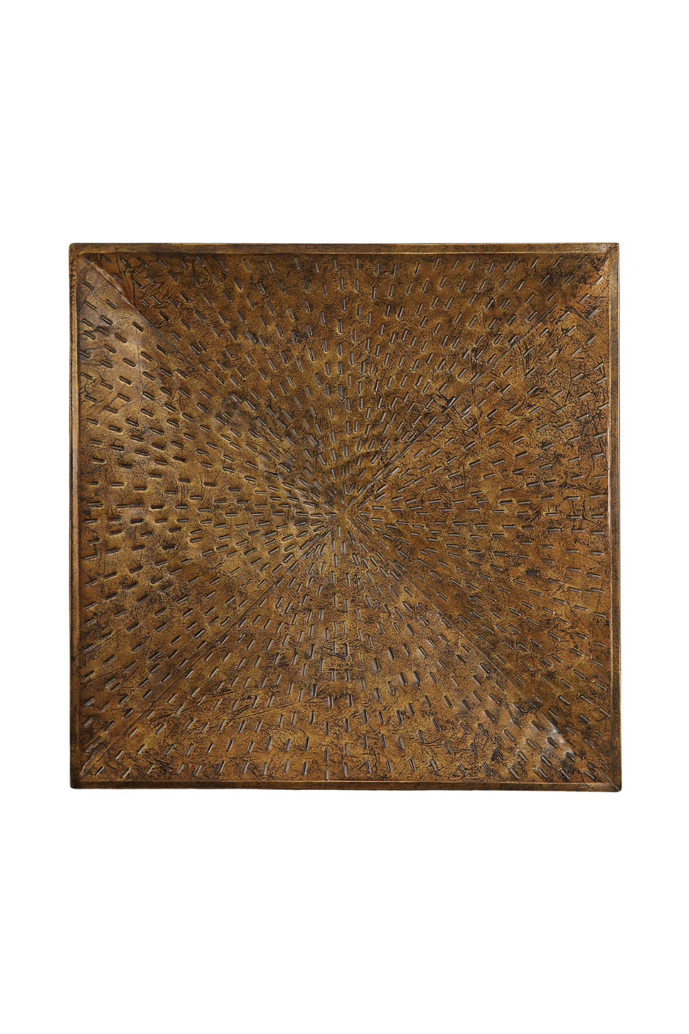 A square wooden tray with a radial pattern of small, evenly spaced holes across its surface, showing a slightly distressed finish.