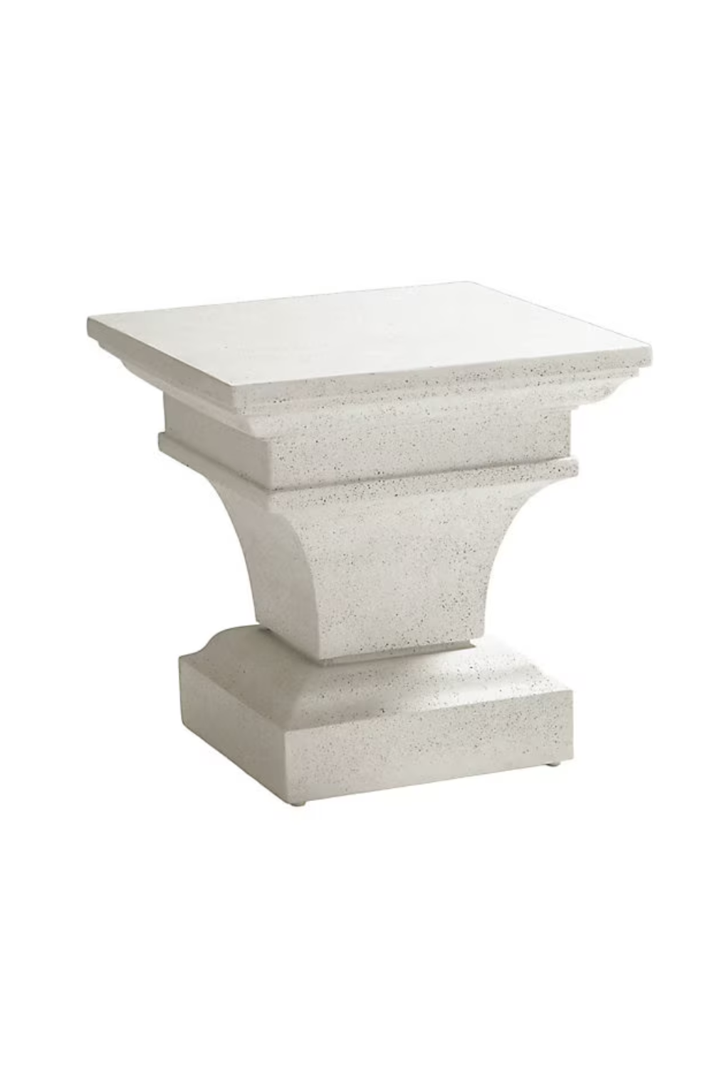 A white concrete pedestal with a flat top and decorative curves.