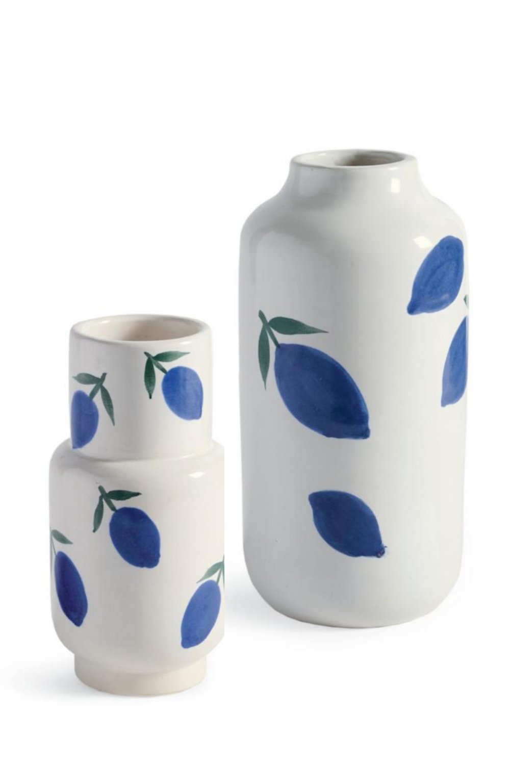 Two white ceramic vases with blue lemon and green leaf designs, small and large sizes, placed against a white background.