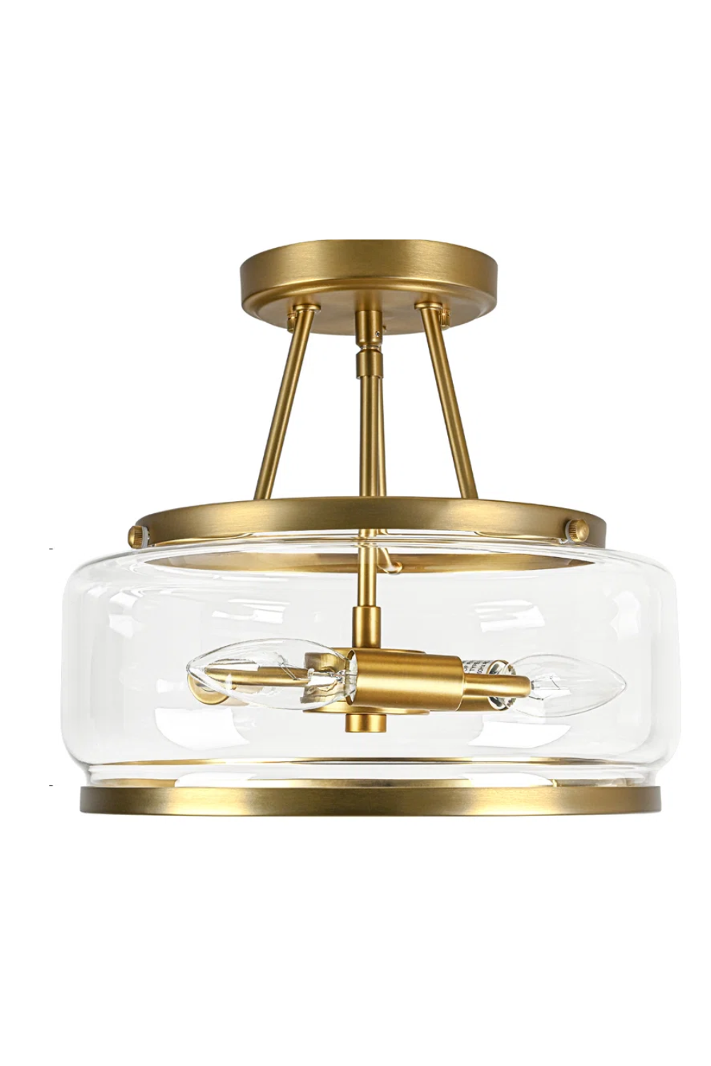 A modern ceiling light fixture with a gold finish, clear glass enclosure, and exposed filament style bulbs.