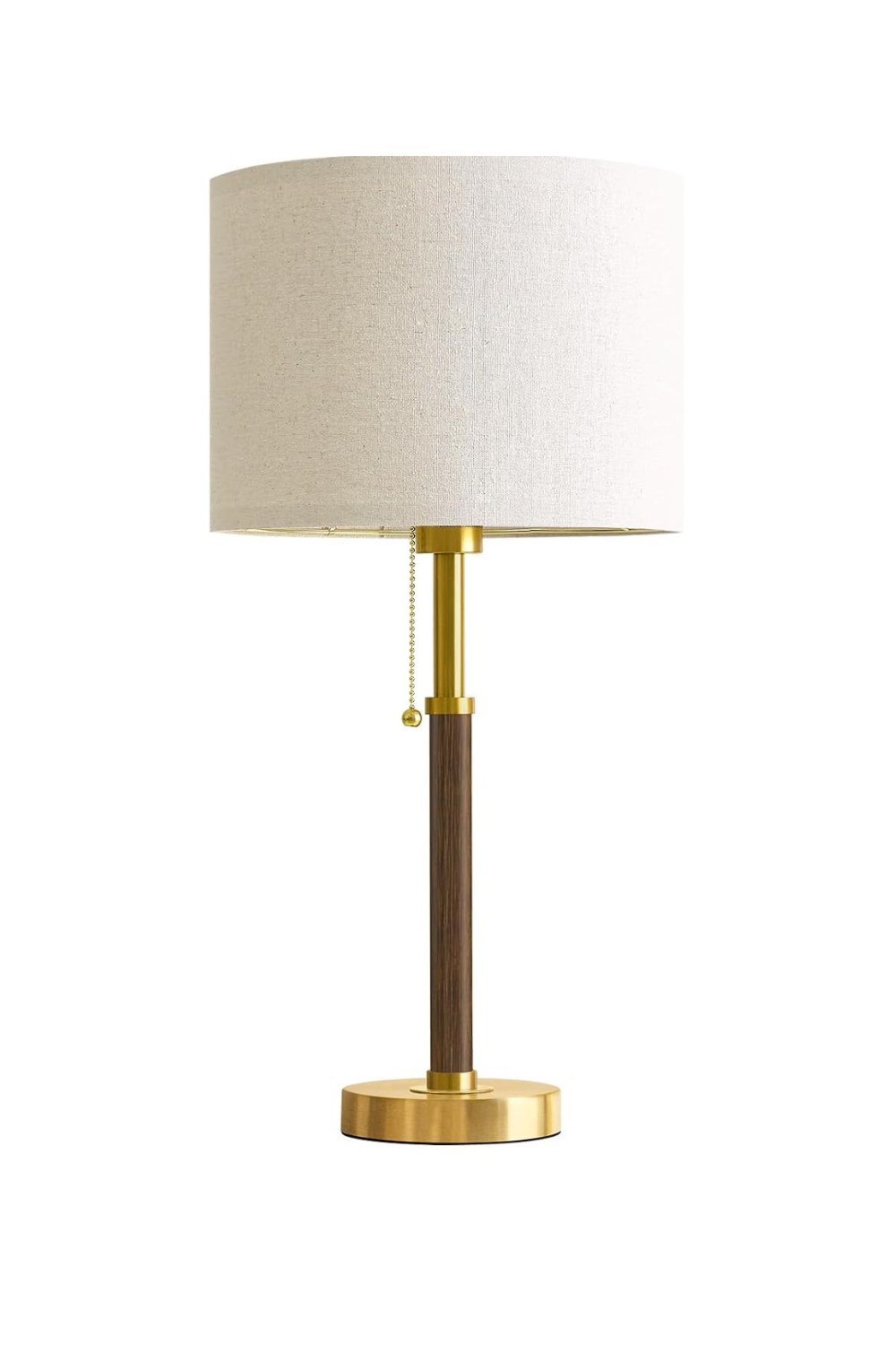 Table lamp with a cream fabric lampshade, gold and wooden base, and a pull chain switch.